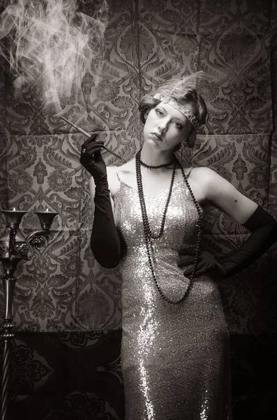 Girl Evening Dress Cigarette Mouthpiece Studio Portrait Retro Style Toned — Stock Photo, Image