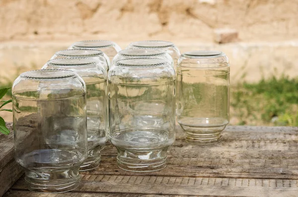 Three Liter Glass Banks Wooden Boards Glass Jars Home Pickles — Stock Photo, Image