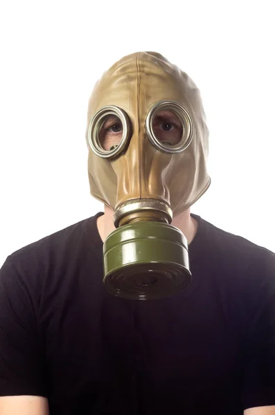 Een Man Een Gasmasker Man Black Shirt Gas Masker Close — Stockfoto