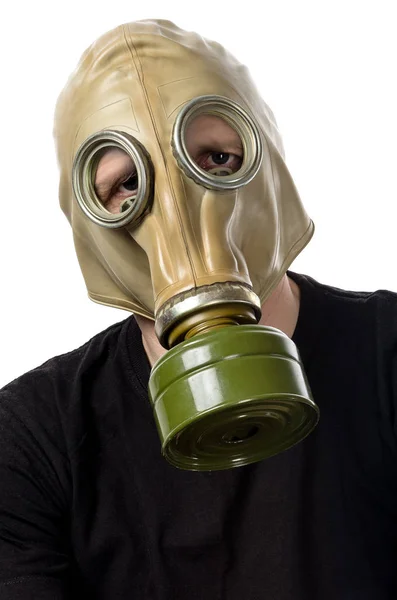 Man Gas Mask Man Black Shirt Gas Mask Close Isolated — Stock Photo, Image