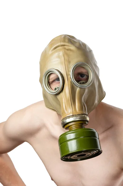 Man Gasmask Manliga Huvud Med Naken Överkropp Gasmask Närbild Isolerad — Stockfoto