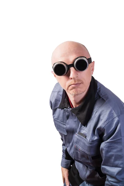 Egy Férfi Munkaruhában Sötét Gázhegesztő Szemüvegben Egy Férfi Középkorú Európai — Stock Fotó