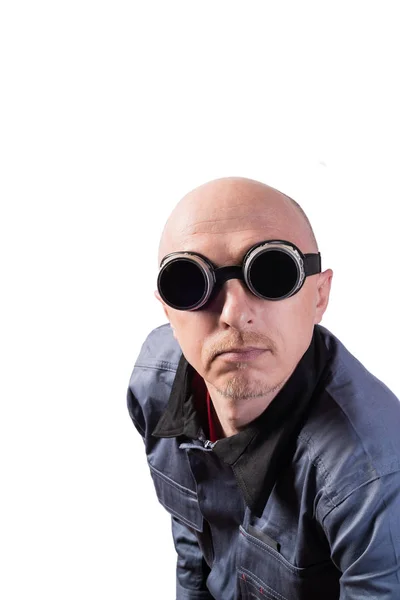Hombre Con Ropa Trabajo Con Gafas Oscuras Para Soldar Gas — Foto de Stock