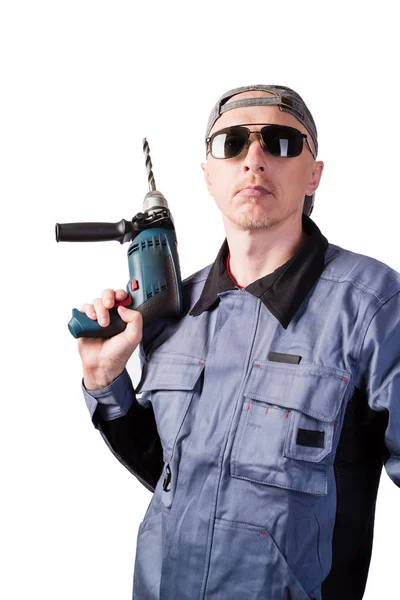 Man Working Clothes Dark Goggles Cap Electric Drill Man Middle — Stock Photo, Image