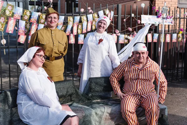 Wounded Bandaged Head Military Doctors Orenburg Russia May 2019 Celebration — Stock Photo, Image