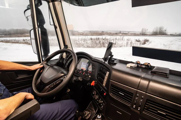 Autista Sul Posto Lavoro Che Guida Camion Vista Interna Della — Foto Stock