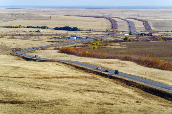 Autumn Landscape Highway Passing Field Unharvested Sunflowers Photo Taken Russia — Stock Photo, Image