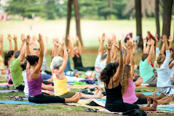 Menschen Beim Yoga Einem Park Bei Sonnenuntergang Stockbild