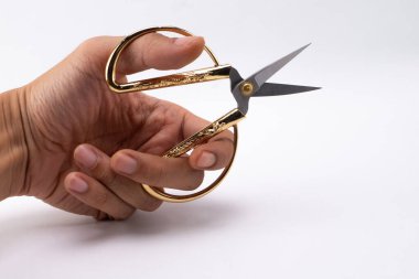 Bir el, altın saplı ve gümüş bıçaklı küçük makası temiz beyaz arka planda tutar. Makas açık, kullanıma hazır..