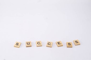 SUCCESS kelimesi, temiz, beyaz bir arkaplan üzerinde tek tek ahşap kiremitler kullanılarak hecelenir. Kelimeye odaklı minimalist kompozisyon.