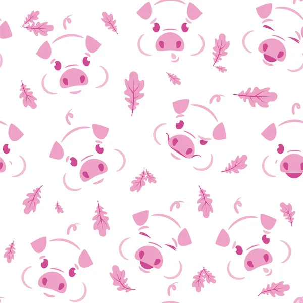 Vektör görüntü. Bir meşe yaprağı ile beyaz bir arka plan üzerinde domuz bir seamless modeli.