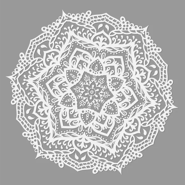 Rundes Mandala mit Blumenschmuck. weißes Muster auf grauem Hintergrund lizenzfreie Stockillustrationen