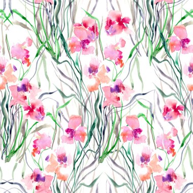 Çiçeksiz arka plan, kırmızı çiçekler, kağıt üzerinde suluboya.