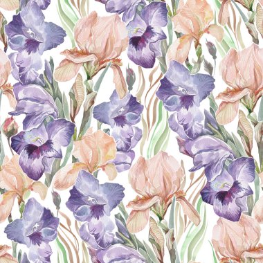seamless background with lilac and pink iris flowers, hand drawn watercolor on paper