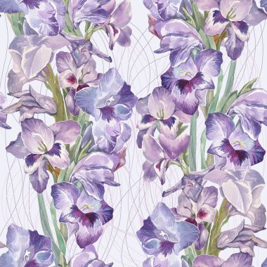 seamless pattern with purple iris flowers