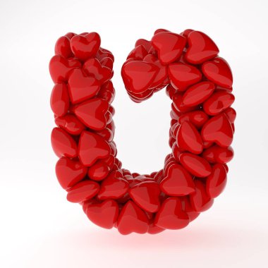 Sevgililer Günü için İbranice 3D, arka planda izole edilmiş kalplerden yapılmış, romantik harfler konsepti. İçinde kalpler olan imzalayın.