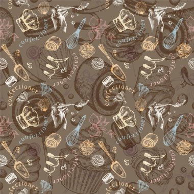 Badem kurabiyesi, rulo, merengue ve diğer lezzetli şeylerle renksiz desenli..