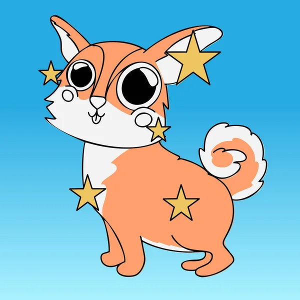 Kawai niño vector perro ilustración con estrellas y grandes ojos. Cachorro de dibujos animados rosa — Archivo Imágenes Vectoriales