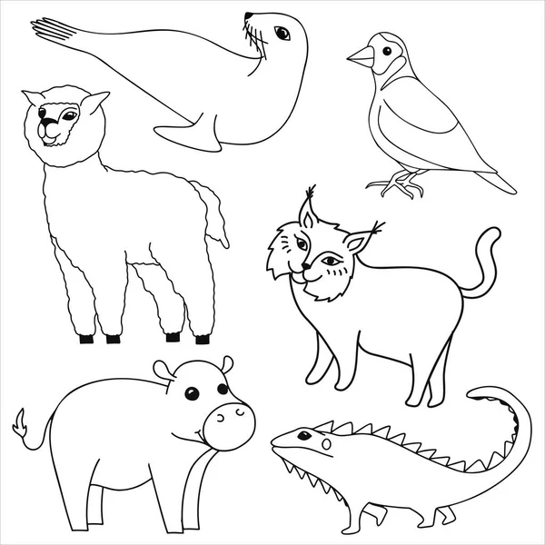 Симпатичные мультяшные животные для раскраски и раскраски дизайна. Обрисованный вектор клипа для раскраски книги, наклейки. — стоковый вектор