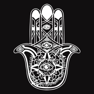Hamsa eli göz ile bohem sembolü çizdi. Doğu tarzında dekoratif dini öğeler. Fatima vektör karalama el tüm gören göz ile