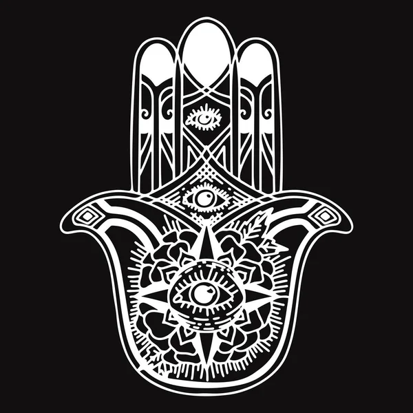 Hamsa eli göz ile bohem sembolü çizdi. Doğu tarzında dekoratif dini öğeler. Fatima vektör karalama el tüm gören göz ile