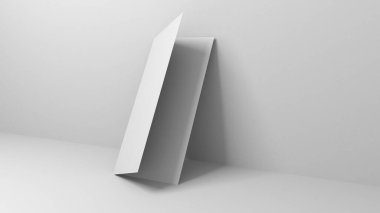 Gri arkaplanda üç boyutlu A4 boş kağıt. Model için Lifleat 3d illüstrasyon