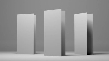 Gri arkaplanda üç boyutlu A4 boş kağıt. Model için Lifleat 3d illüstrasyon