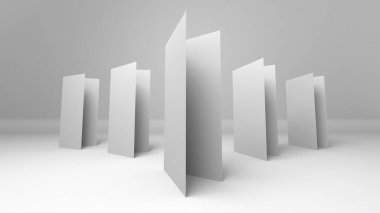 Gri arkaplanda üç boyutlu A4 boş kağıt. Model için Lifleat 3d illüstrasyon