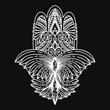 Hamsa eli göz ile bohem sembolü çizdi. Doğu tarzında dekoratif dini öğeler. Fatima vektör karalama el tüm gören göz ile