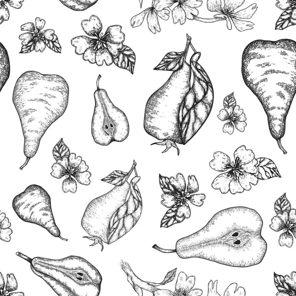 Met de hand getekend naadloos patroon met gesneden peer. bloemen en bladeren. Gegraveerde design elementen geweldig voor poster, menu en keuken textiel — Stockvector