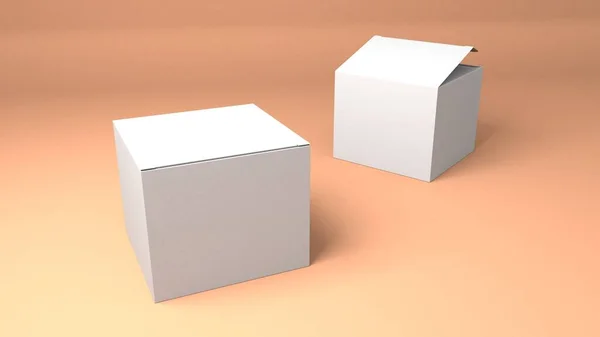 Kağıt beyaz kutu 3D illüstrasyon modeli. Pembe arka planda izole edilmiş ambalaj tasarımı için harika