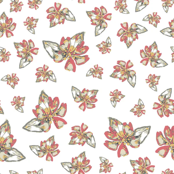 Seamless orange and pink flowers pattern with overlay on beige background — Stock Photo, Image