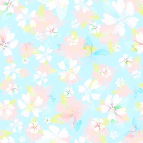 Płynny wzór z różowych i niebieskich kwiatów na jasnym tle — Zdjęcie stockowe