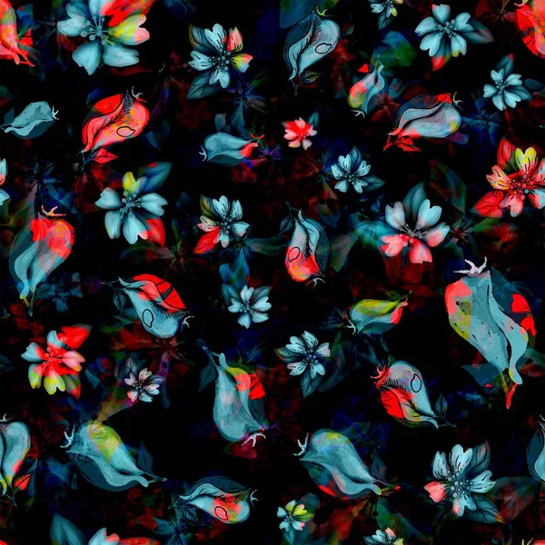 아름다운 꽃 모양의 솔기없는 무늬. 꽃, 꽃. 검은 배경에 나뭇잎을 곁들여 놓는다. 벽지, 직물, 포장지, 웹 페이지 배경, 초대장에 대한 고상 한 식물학적 삽화 — 스톡 사진