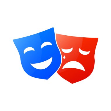 Maskeli balo konsepti. Tiyatro maskesi ikonları. Komik ve trajik bir maske. Trajedi, drama ve komedi için tiyatro maskeleri. Vektör İllüstrasyonu