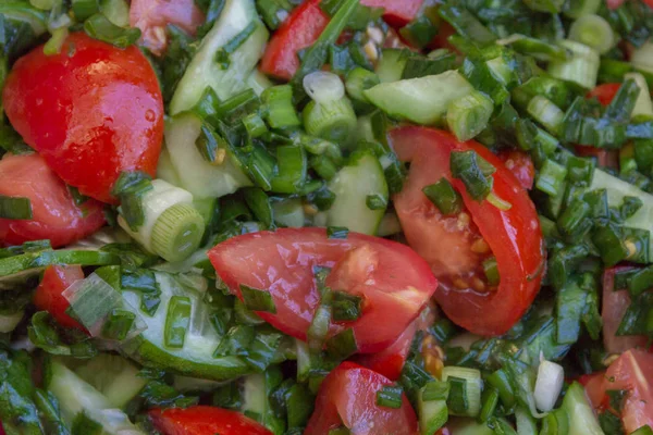 Salade Tomates Concombres Oignons Verts Hachés Légumes Frais — Photo