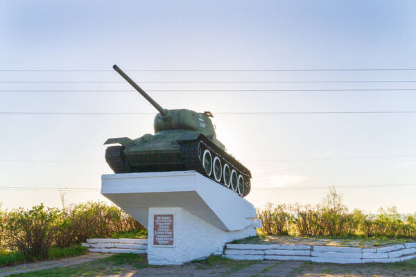 The town of Demidov, Smolensk oblast, Russia 08 may 2018. Monument tank installed in memory of the heroes of the war in the city of Demidov