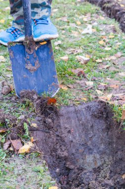Hendek kazma kürekle sonbaharda adam