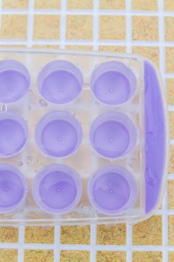 Su mor plastik buz kalıp içine dökülür