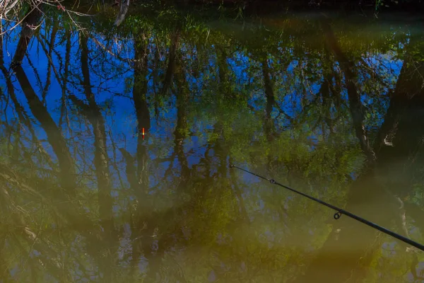 Καλάμι Ψαρέματος Τριβίδι Κατά Την Αλιεία Στον Ποταμό Δάσος — Φωτογραφία Αρχείου