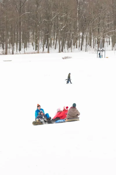 アレクサンドリア公園 ペテルゴフ サンクトペテルブルク ロシア 2019 冬の楽しみは雪とスキーにスライド親と子 — ストック写真