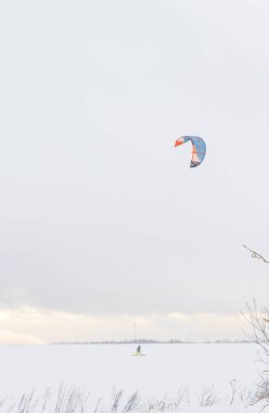 Koporye, Lomonosov bölge Leningrad bölge Rusya 03 Ocak 2019. Bir grup insan tarafından alanındaki kışın kayak kiteboarding