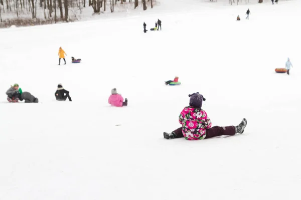 アレクサンドリア公園 ペテルゴフ サンクトペテルブルク ロシア 2019 冬の楽しみは雪とスキーにスライド親と子 — ストック写真