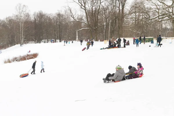 アレクサンドリア公園 ペテルゴフ サンクトペテルブルク ロシア 2019 冬の楽しみは雪とスキーにスライド親と子 — ストック写真