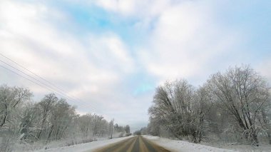 Kış beyaz kar ağaçları ile orman boyunca ülkede yol
