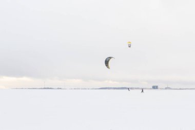 Koporye, Lomonosov bölge Leningrad bölge Rusya 03 Ocak 2019. Bir grup insan tarafından alanındaki kışın kayak kiteboarding