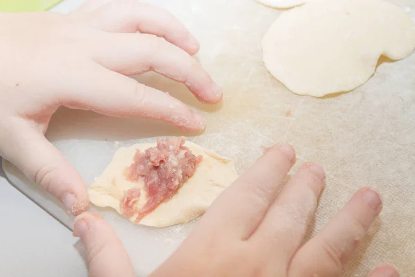 Small Boy Sculpts Homemade Ravioli Home — Stock Photo, Image