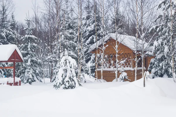 Wooden gazebo at a private house in the winter near the forest — Stock Photo, Image