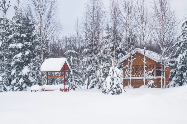 Wooden gazebo at a private house in the winter near the forest — Stock Photo, Image