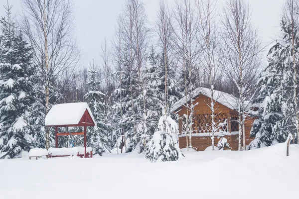 Wooden gazebo at a private house in the winter near the forest — Stock Photo, Image